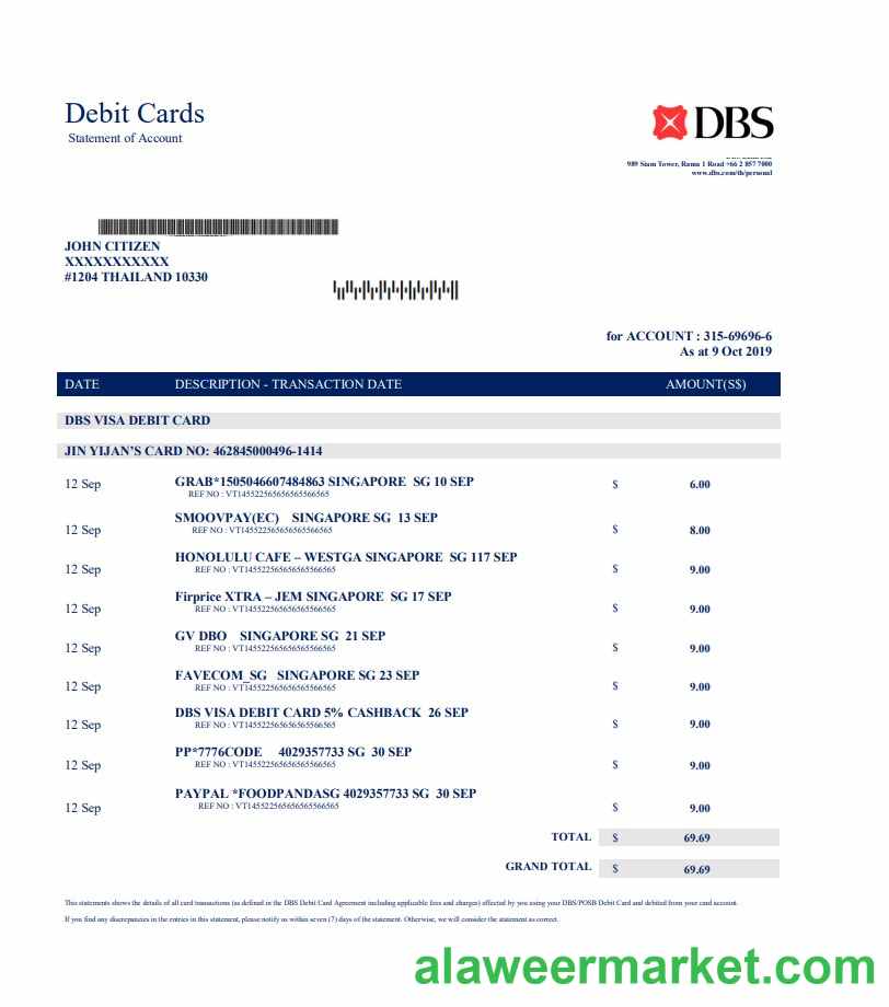 Thailand DBS bank proof of address statement template in Word and PDF format